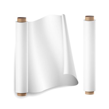 Kağıt rulo vektör pişirme. En iyi görünümü kapatın. Açık ve kapalı. Mutfak pişirme parşömen. Gerçekçi illüstrasyon izole beyaz