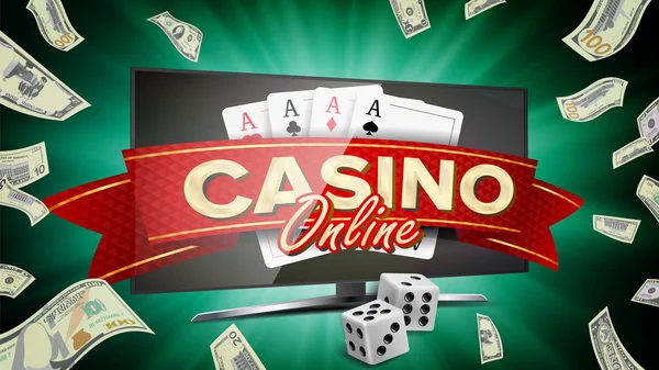 Casino en ligne Bannière vectorielle. Moniteur d'ordinateur réaliste. Gagnant Symbole chanceux. Jackpot Casino Panneau d'affichage, signalisation, marketing Illustration d'affiche de luxe . — Image vectorielle