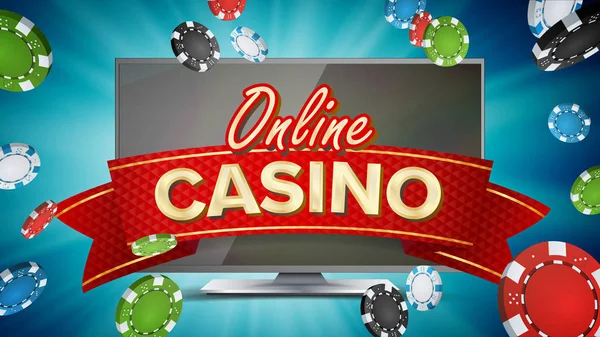 Online Casino Poster Vector. Modern Computer Monitor Concept. Jackpot Billboard, Marketing Luxury Illustration. — Stock Vector