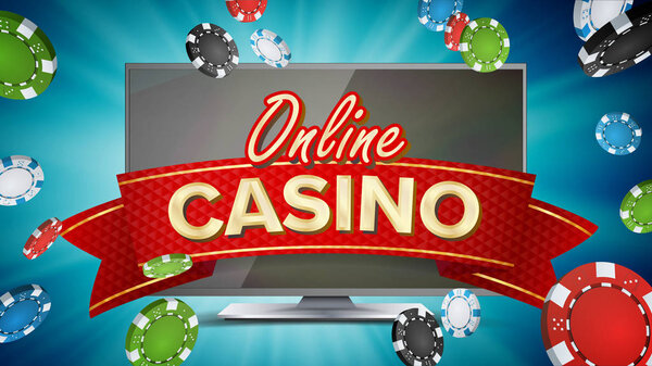 Online Casino Poster Vector. Modern Computer Monitor Concept. Jackpot Billboard, Marketing Luxury Illustration.