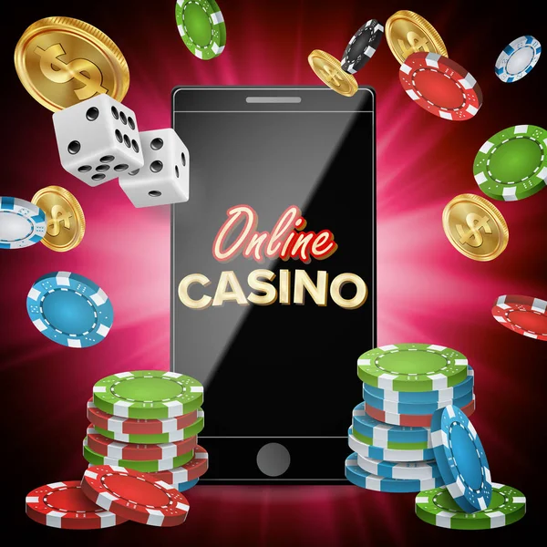 Vettore del casinò online. Banner con cellulare. Gioco a dadi, monete da un dollaro. Vincitore Lucky Symbol. Illustrazione — Vettoriale Stock