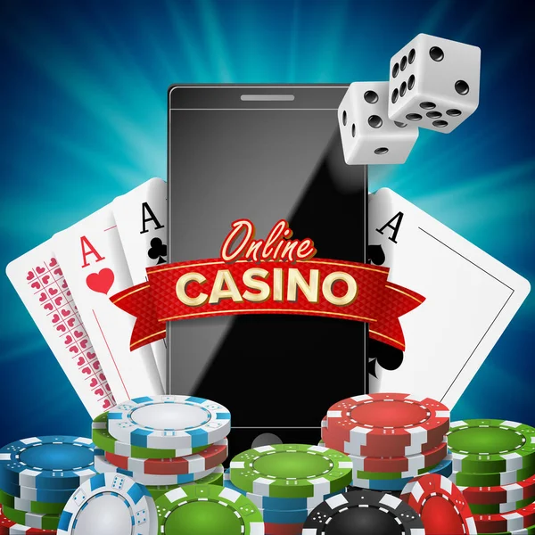 Online Casino Banner Vector. Telefone inteligente realista. Explosão Chips brilhantes, jogar dados, notas de dólar. Símbolo do vencedor. Jackpot Billboard, ilustração de banner de luxo . —  Vetores de Stock