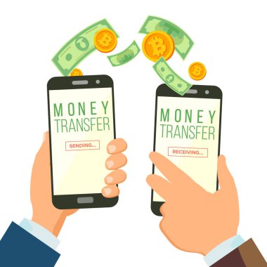 Mobil para kavramı vektör bankacılık aktarılıyor. Smartphone tutan el. Dolar ve Bitcoin. Gönderme ve alma kablosuz finans. Modern ekonomi ekonomik. İzole illüstrasyon.