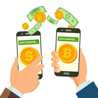Para Satım bankacılık kavramı vektör. İnsan eli afiş. Smartphone tutan el. Mobil akıllı telefon ve eller. Dolar ve Bitcoin. Kablosuz Finans gönderme. İzole illüstrasyon