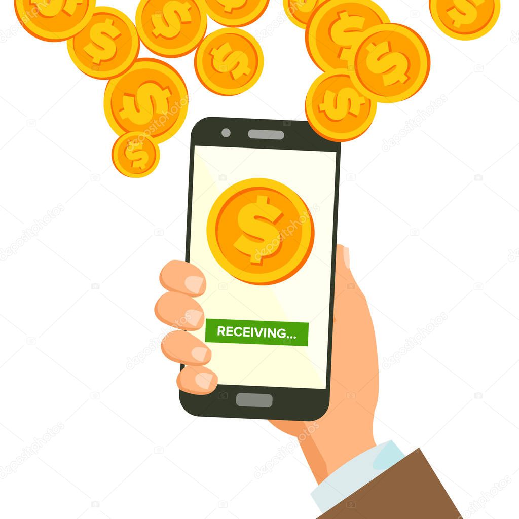 Mobile Dollar Receiving Concept Vector. Human Hand Banner. Wireless Dollar Finance Receiving Concept. Currency In Smartphone Application. Isolated Illustration