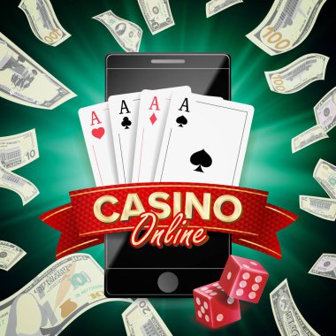 Online Casino Poster vektör. Modern mobil akıllı telefon genel kavram. Jackpot Casino Billboard, tabela, pazarlama lüks afiş, Poster illüstrasyon.