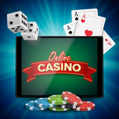 Online Casino vektör. Tablet ile banner. Parlak cips, Doları paralar. Jackpot Casino Billboard, tabela, pazarlama lüks Poster illüstrasyon.