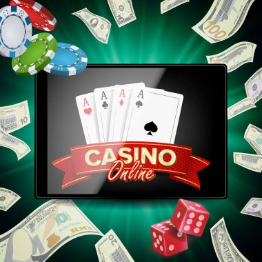 Online Casino Poster vektör. Modern mobil Tablet kavramı. Jackpot reklam kavramı illüstrasyon.