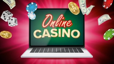 Online Casino vektör. Dizüstü bilgisayar ile banner. Poker kumar casino işareti. Jackpot Billboard, Promo konsept illüstrasyon.