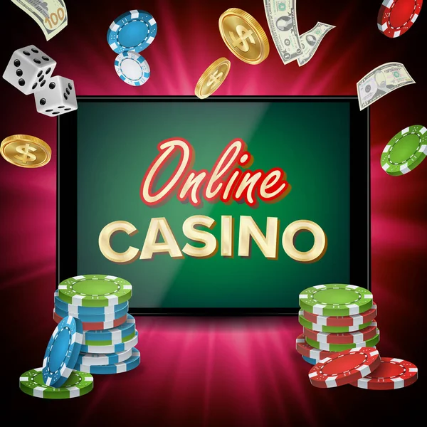Online Casino Banner Vector. Realistic Tablet. Flying Dollar Coins, Banknotes Explosion. Winner Concept. Jackpot Billboard, Marketing Luxury Illustration. — Stock Vector