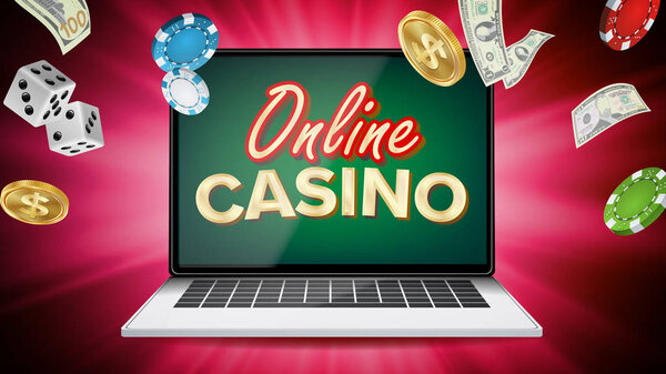Online Casino Vector. Banner With Laptop. Poker Gambling Casino Poster Sign. Jackpot Billboard, Promo Concept Illustration.
