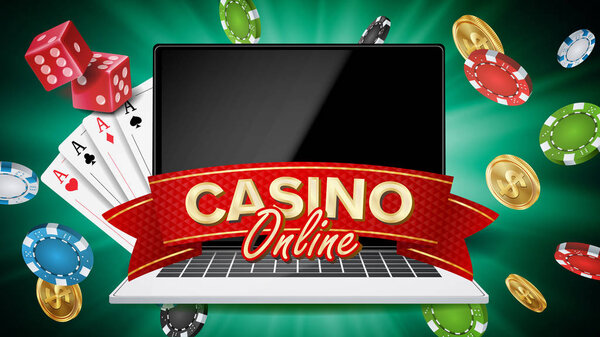 Online Casino Banner Vector. Realistic Laptop. Gambling Casino Banner Sign. Explosion Chips, Playing Dice. Illustration