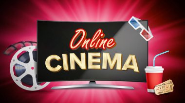 Online sinema Poster vektör. Modern bilgisayar monitörü kavramı. Film şeridi, Reel, Film Clapper, Vintage bilet, patlamış mısır. Pazarlama lüks illüstrasyon.