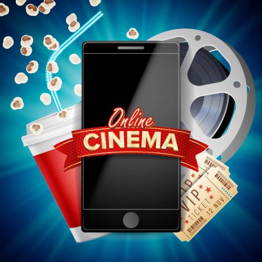 Online sinema Poster vektör. Modern mobil akıllı telefon genel kavram. İyi el ilanı, afiş, sosyal ağ pazarlama. Film Reel, Clapper kurulu. Pazarlama lüks afiş, Poster illüstrasyon.