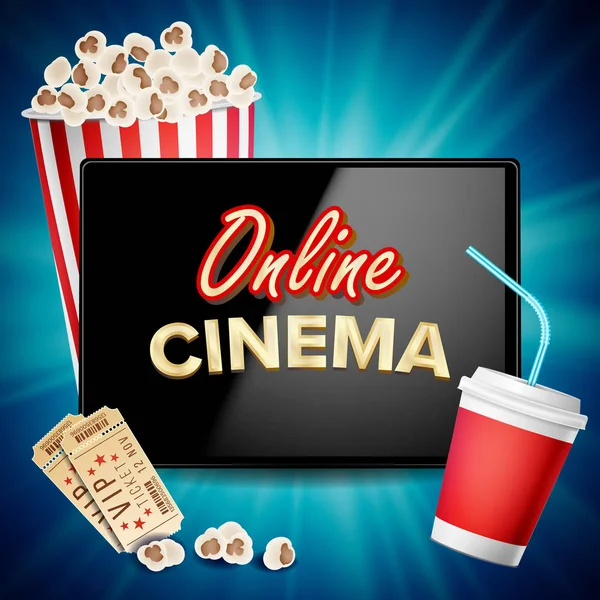 Online-Banner für Kinobanner. Realistisches Tablet. Popcorn, Trinken, Klatschen. Plakatwand, Marketing Luxus Illustration. — Stockvektor