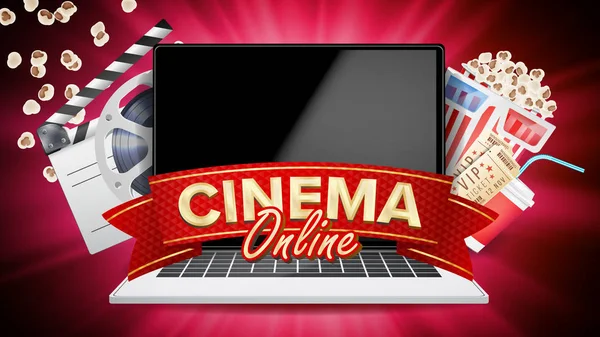 Online Cinema Vector. Banner met Laptop. Film industrie elementen. Film Tape voor cinematografie. Reclamebord, Promo Concept illustratie. — Stockvector