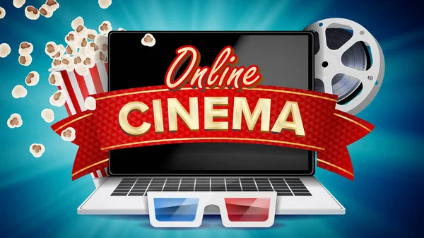 Online Kinoplakat-Vektor. modernes Laptop-Konzept. Online-Heimkino. Paket voller springendem Popcorn. Luxusbanner, Plakatillustration. — Stockvektor