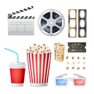 Sinema Film Icons Set. Gerçekçi patlamış mısır, 3d gözlük, Film şeridi, Reel, video Film Disk ile kaset, Film Clapper, Vintage bilet. Görüntü yönetmeni Film Festivali kavramı. İzole illüstrasyon