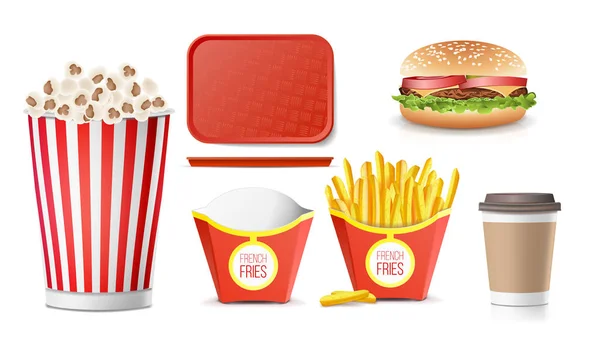 Fast-Food-Symbole setzen Vektor. Pommes, Kaffee, Hamburger, Cola, Tablett Salver, Popcorn. isoliert auf weißem Hintergrund Illustration — Stockvektor