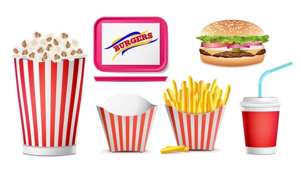 Realistische Fast-Food-Symbole setzen Vektor. Pommes, Kaffee, Hamburger, Cola, Tablett Salver, Popcorn. Vereinzelte Illustration — Stockvektor