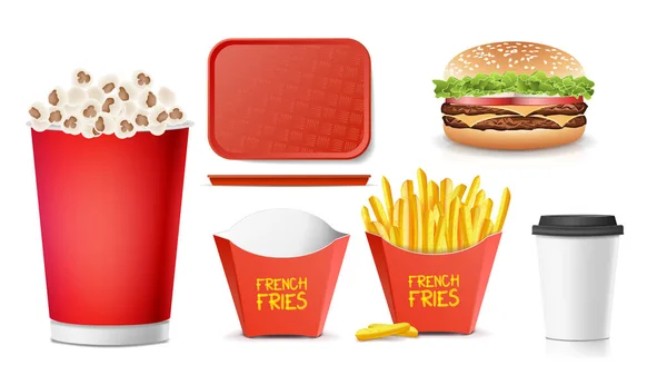 3D-Fastfood-Vektor. leckere Burger, Hamburger, Pommes frites, Limo, Kaffee, Pappbecher, Tablett salver, Popcorn. Vereinzelte Illustration — Stockvektor