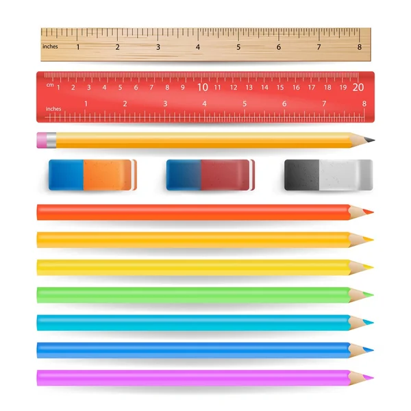 Crayons de couleur, gomme, règle de mesure isolée Set vecteur. Outils scolaires réalistes isolés sur l'illustration blanche — Image vectorielle