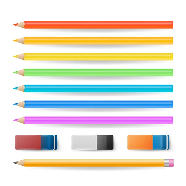 Χρωματιστά μολύβια απομονωμένες σετ διάνυσμα. Ρεαλιστική γόμα και κραγιόνια εργαλεία σχολείο που απομονώνονται σε λευκό εικονογράφηση — Διανυσματικό Αρχείο
