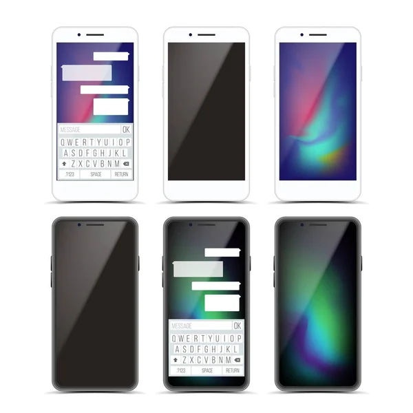 Smartphone Mockup Set Design Vector. Noir et blanc moderne à la mode téléphone portable vue de face. Isolé sur fond blanc. Illustration 3D réaliste — Image vectorielle