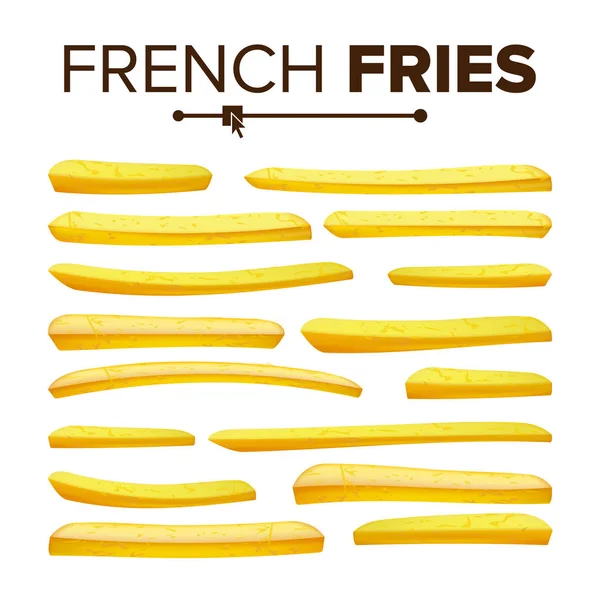 Patatine fritte realistiche insieme vettoriale. Classic American Fast Food Potato Stick. Elemento di design. Isolato su illustrazione bianca — Vettoriale Stock