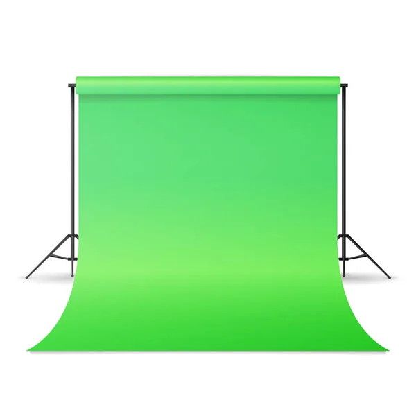 Studio fotografico vuoto Hromakey Vector. Studio fotografico moderno. Treppiedi da appoggio sullo sfondo verde. Illustrazione isolata . — Vettoriale Stock
