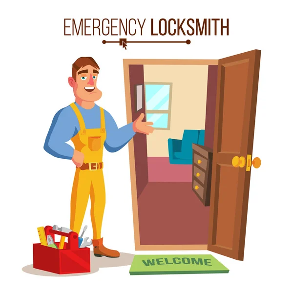 Locksmith Door Service Vector. Professional Master Repairman. Isolated Flat Cartoon Character Illustration — Stock Vector