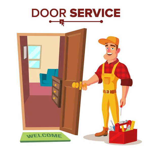 Locksmith Reparador Vector. Abre el servicio de la puerta. Ilustración de personajes de dibujos animados — Vector de stock