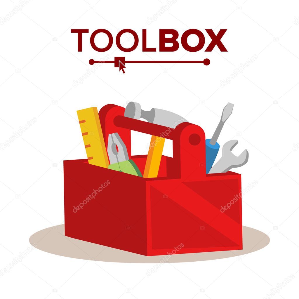 Red Classic Toolbox Vector. Full Of Equipment. Flat Cartoon Isolated Illustration