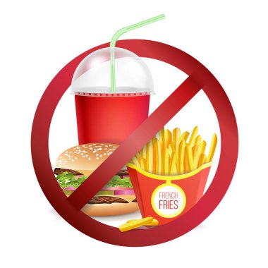 Fast Food tehlike etiket vektör. Yiyecek veya içecek izin verilen bir iz yok. İzole gerçekçi illüstrasyon.
