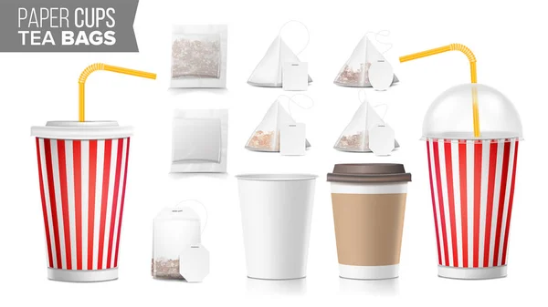 Realista em branco Ocher Copos de papel vetor. O Tea Bags é demais. Taça de café em branco. Refrigerante, Soft Drinks Cup Template. Tubo de palha. Objeto 3D isolado em branco. Ilustração de fast food — Vetor de Stock