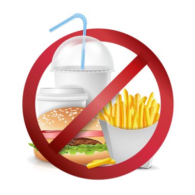 Fast Food tehlike vektör. Yemek sembol izin yok. İzole gerçekçi illüstrasyon.