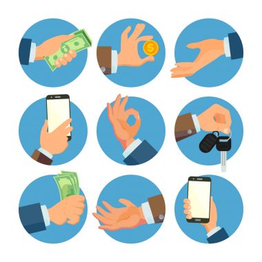 İşadamı eller vektör ayarlayın. Satıcı, işçi. Bankacılık Finans Satılık kavramı. İnsan eli iş afiş. Akıllı telefon, anahtarları tutan el. Verilmesi, para almak. Düz çizgi film izole illüstrasyon