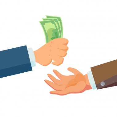 İşadamı vererek para vektör eller. Satıcı aracı ve sahibi. Bankacılık Finans Satılık kavramı. Düz iş izole illüstrasyon karikatür