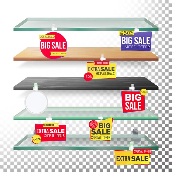 Supermarket Shelves, Advertising Wobblers Vector. Konsep Stiker ritel. Penawaran terbaik. Stiker diskon. Jual Banners. Ilustrasi Terisolasi - Stok Vektor