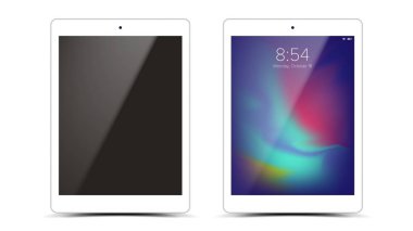 Tablet Mockup tasarım vektör. Beyaz Modern Trendy dokunmatik ekran Tablet Önden Görünüm. Beyaz arka plan üzerinde izole. Gerçekçi 3d çizim