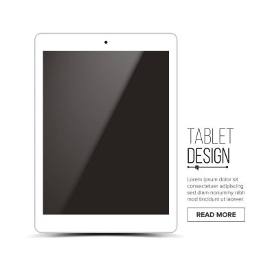 Tablet Mockup tasarım vektör. Beyaz Modern Trendy dokunmatik ekran Tablet Önden Görünüm. Beyaz arka plan üzerinde izole. Gerçekçi 3d çizim
