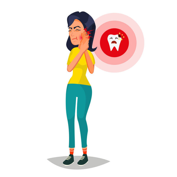 Toothache Concept Vector. Unhappy Woman With Ache. Pain In The Human Body. Flat Cartoon Illustration