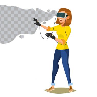 3D gerçeklik simülasyon vektör. Sanal gerçeklik aygıt giyen ile iyi vakit geçiriyor. VR aygıt zevk. Yeni sanal teknolojiler. Çizgi film karakteri illüstrasyon