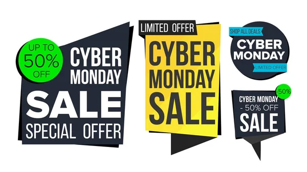 Cyber maanantai Myynti Banner Set Vector. Alennus Tag, Special maanantai Tarjous Bannerit. Marraskuu Good Deal Promotion. Alennus ja edistäminen. Puoleen hintaan Cyber Tarrat. Eristetty kuva — vektorikuva