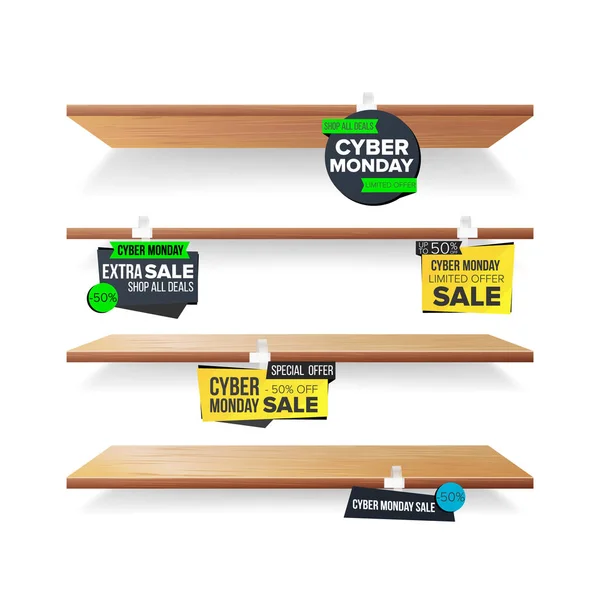 Tomma hyllor, Cyber måndag salu reklam Wobblers vektor. Butikskoncept. Stor försäljning Banner. Cyber måndag rabatt klistermärke. Försäljning banderoller. Isolerade Illustration — Stock vektor