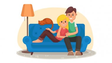 Ev sineması vektör. Ev Oda Tv ekran ile. Televizyon birlikte kullanma. Online ev film. Çizgi film karakteri illüstrasyon
