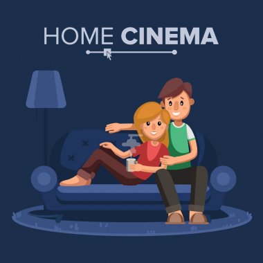 İzlerken Tv vektör gençler. Kahve, içmek kanepe evde sakin ol. Uzaktan kumanda Tv film için. Beyaz çizgi film karakteri illüstrasyon izole