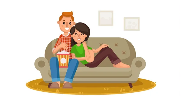 Oglądania telewizji wektor szczęśliwą rodzinę. Osoba siedzi na kanapie i relaks w domu. Wypoczynek dla rodzin z dziećmi. Online kino domowe. Na białym tle charakter ilustracja kreskówka płaskie — Wektor stockowy