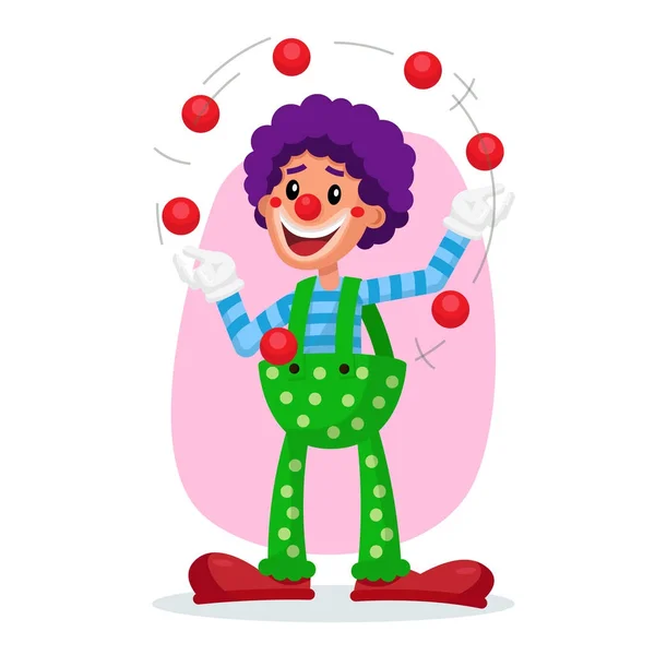 Vecteur de clown classique. Spectacle de cirque public incroyable. Homme jonglant avec des balles. Illustration de dessin animé plat — Image vectorielle