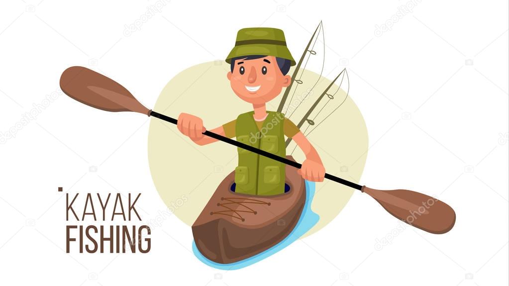 Paddling Kayak Vector. Summer Kayak Fishing. Fishermen Isolated Flat Cartoon Character